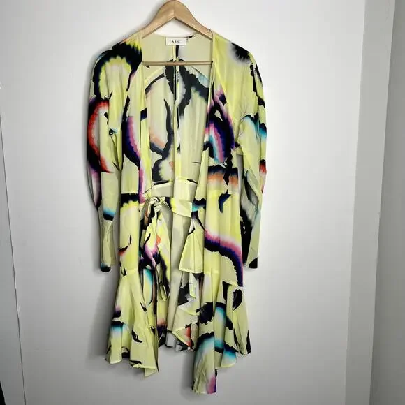 A.L.C. Enzo Silk Chiffon Wrap Dress Yellow Psychedelic Mini Womens 6 - Picture 3 of 16